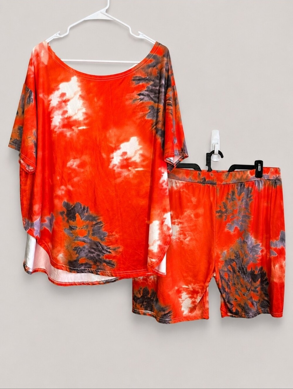 Tie Dye Lounge Set Plus Size 5XL Orange Stretch Matching Top Shorts Bright